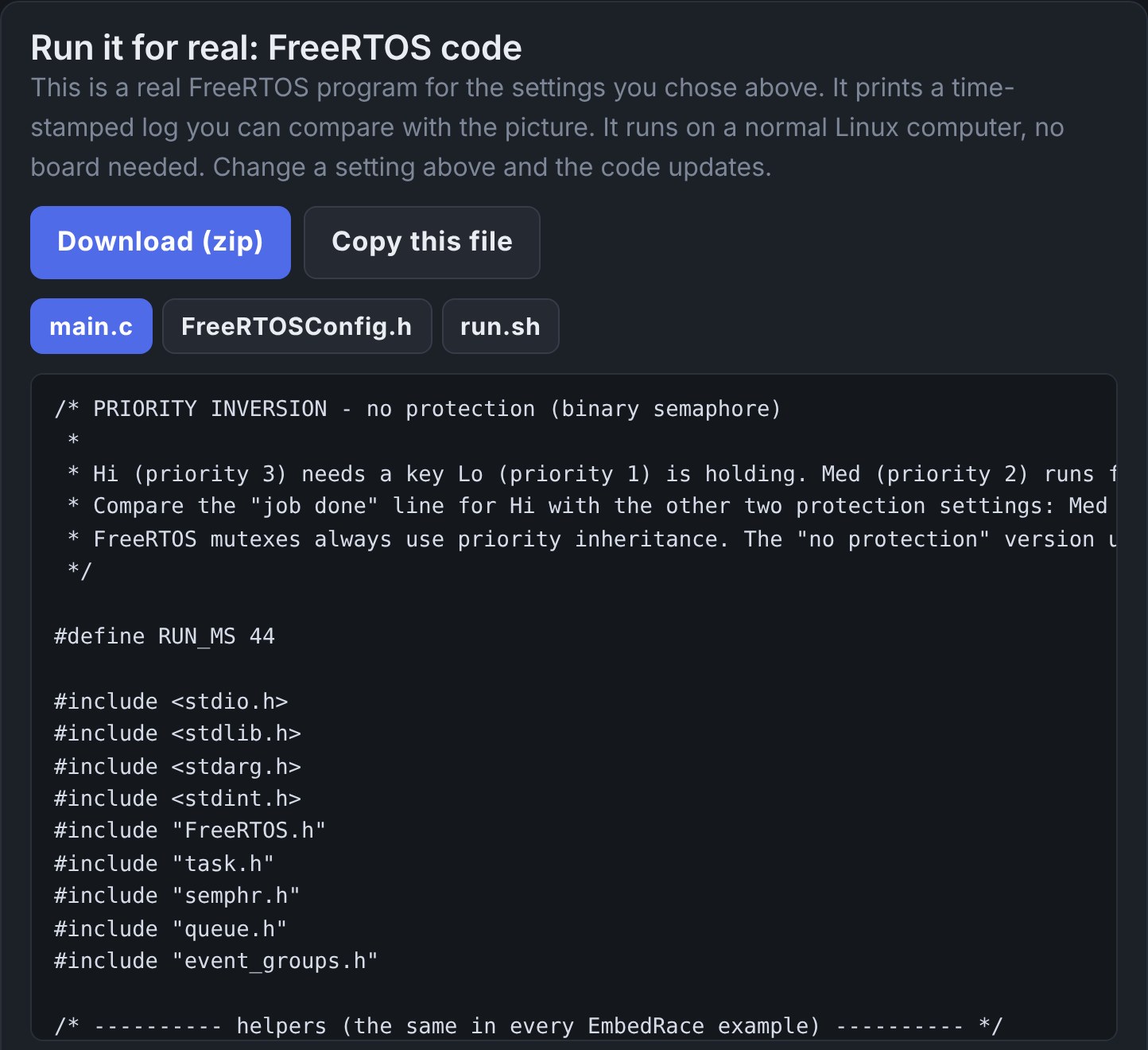 FreeRTOS code generated for the chosen settings